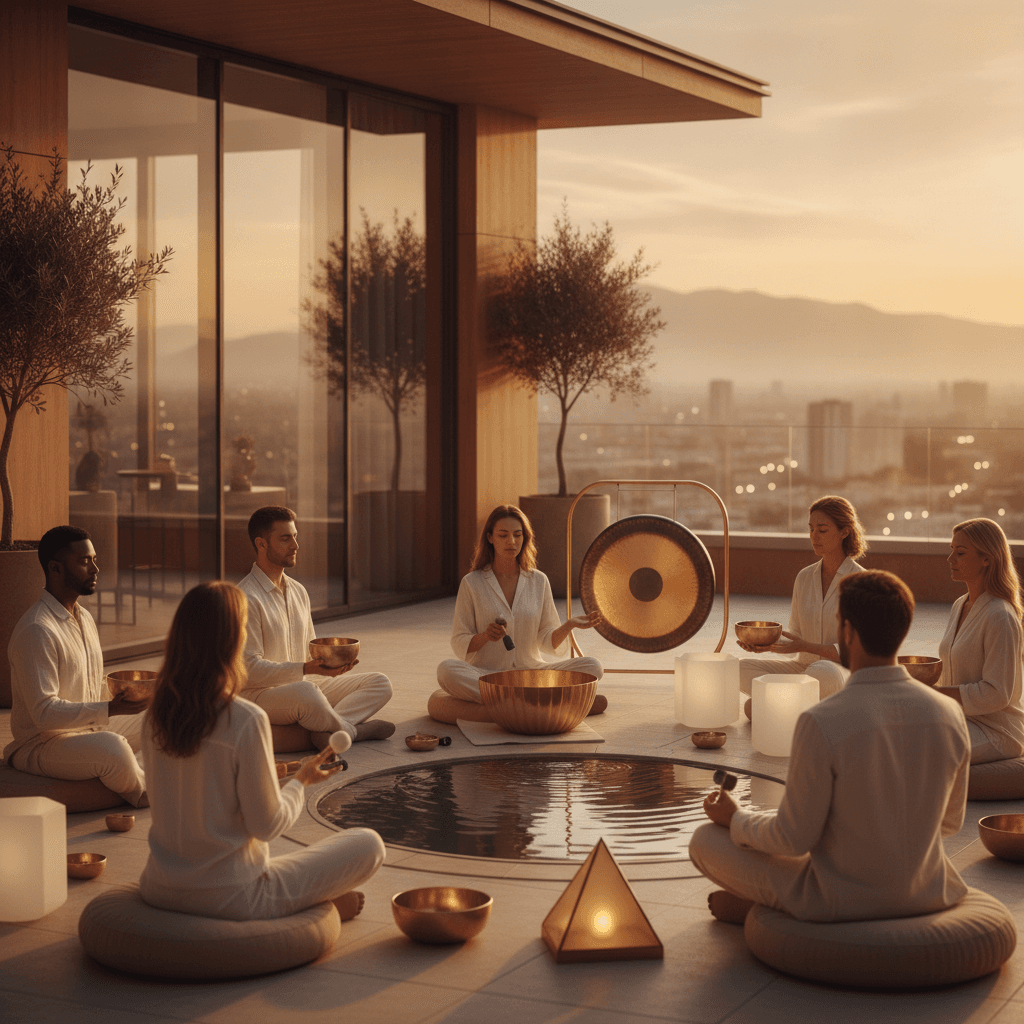 A person meditating with hands in a mudra position, surrounded by glowing abstract sound waves, representing corporate sound wellness at Soul Art Dubai by Larissa Steinbach, enhancing employee wellbeing and productivity.