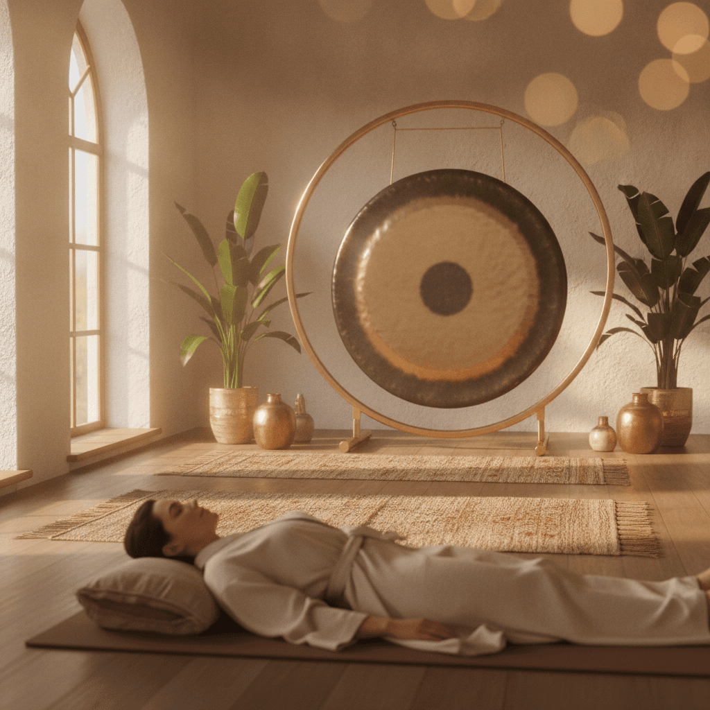 A diverse group of individuals lying on yoga mats in a serene, softly lit studio, surrounded by crystal singing bowls and gongs, experiencing a Soul Art sound bath led by Larissa Steinbach.