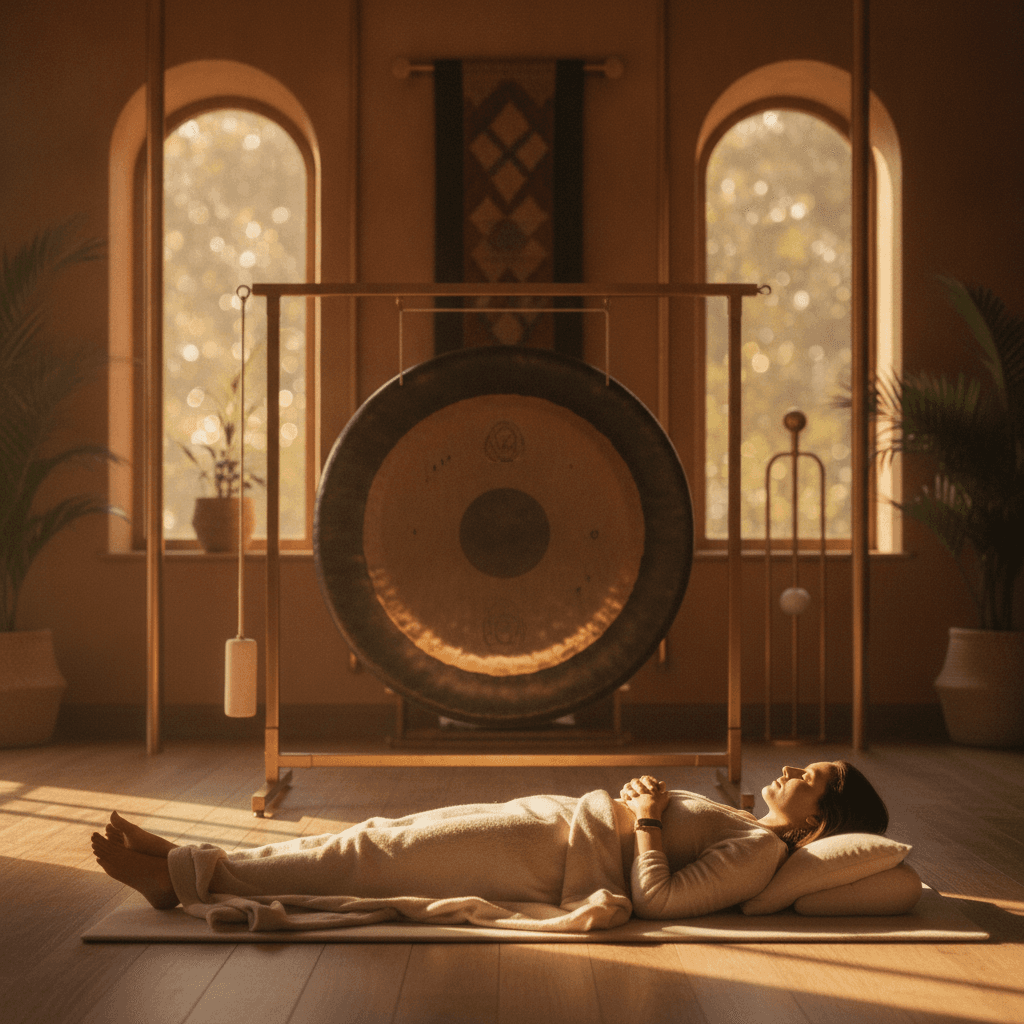 A diverse corporate team participating in a calming sound bath session with crystal bowls, illustrating the benefits of Soul Art's wellness programs led by Larissa Steinbach.